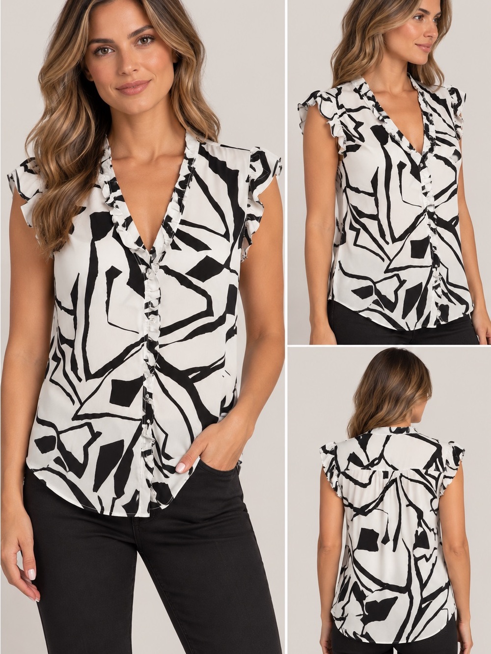 Dkny Black & White Abstract Ruffle Sleeve V-Neck Blouse